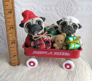 Christmas Morning Pugs in Little Red Wagon Hand sculpted Clay Collectible