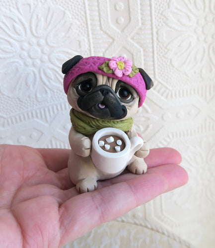 Cup of Cocoa Pug Cutie Hand Sculpted Collectible