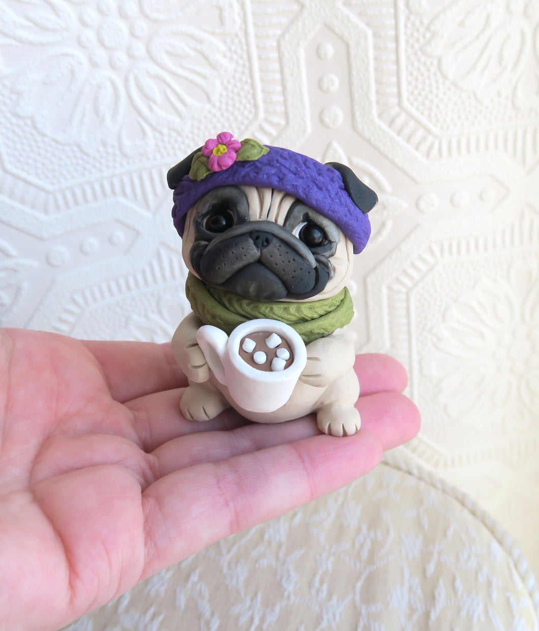 Cup of Cocoa Pug Cutie Hand Sculpted Collectible