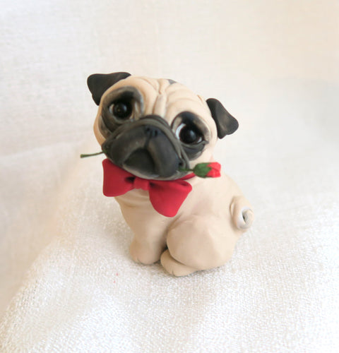 Valentine Pug with a Rose Hand Sculpted Collectible