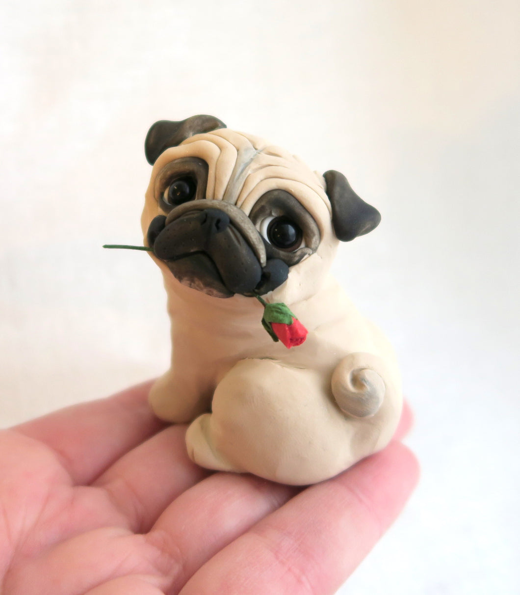 Valentine Pug with a Rose Hand Sculpted Collectible