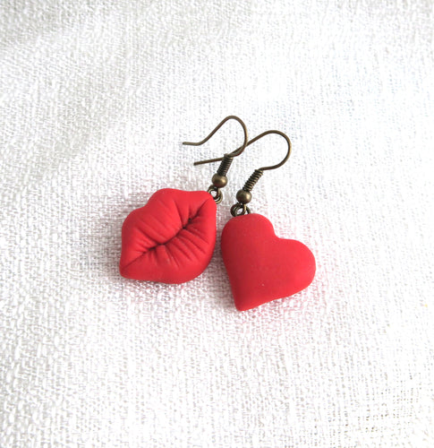 Kiss & Heart Valentine Earrings Clay Sculpted Jewelry