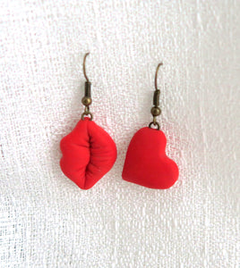 Kiss & Heart Valentine Earrings Clay Sculpted Jewelry