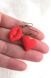 Kiss & Heart Valentine Earrings Clay Sculpted Jewelry