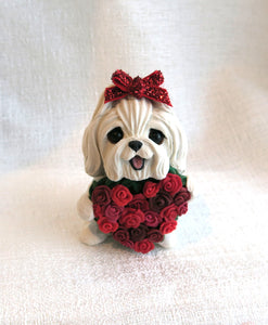 Maltese Valentine Sweetie with Roses heart Hand Sculpted Collectible
