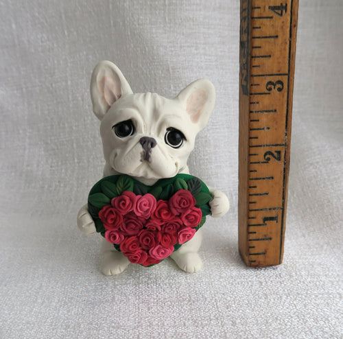 French Bulldog with Roses heart Hand Sculpted Collectible