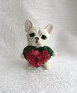 French Bulldog with Roses heart Hand Sculpted Collectible