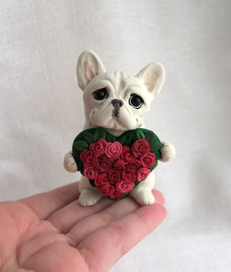 French Bulldog with Roses heart Hand Sculpted Collectible