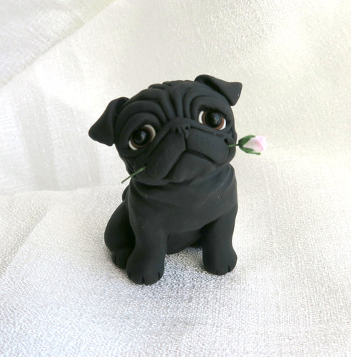 Pug with a light pink Rose Hand Sculpted Collectible