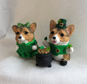 St. Patrick's Day Corgi Couple Hand Sculpted Collectible