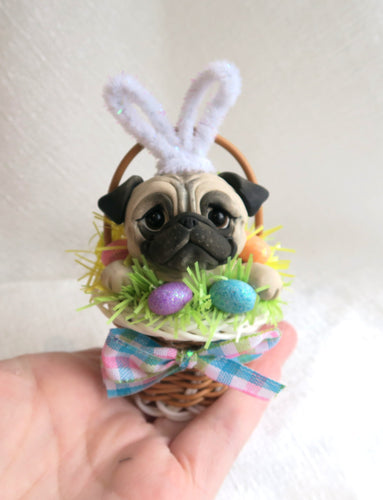 Easter Pug in basket Hand Sculpted Collectible