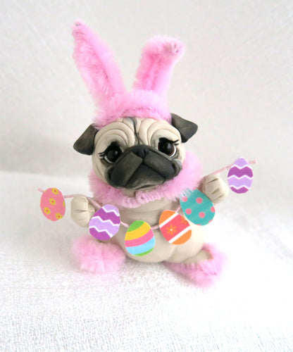 Easter Pug with Egg garland Hand Sculpted Collectible