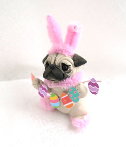 Easter Pug with Egg garland Hand Sculpted Collectible