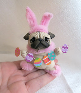 Easter Pug with Egg garland Hand Sculpted Collectible