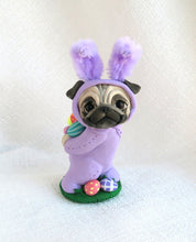 Load image into Gallery viewer, Purple Easter bunny suit Pug with Eggs Hand Sculpted Collectible