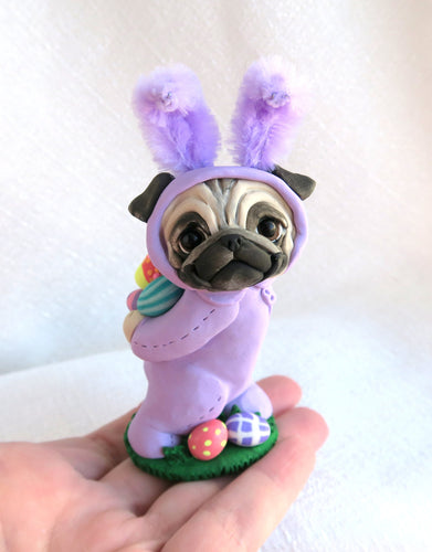 Purple Easter bunny suit Pug with Eggs Hand Sculpted Collectible