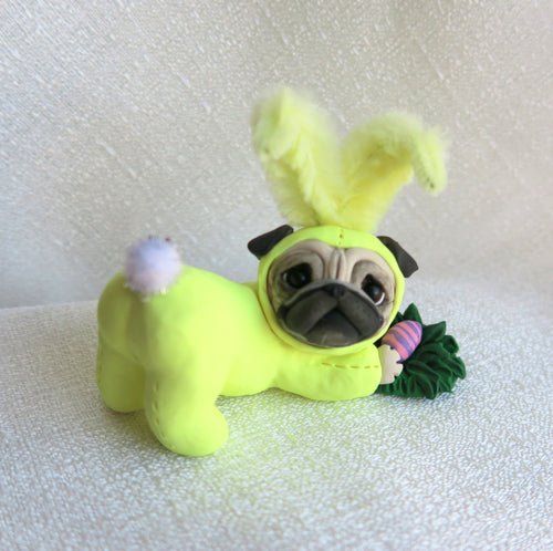 Yellow Easter bunny suit Pug hiding eggs Hand Sculpted Collectible