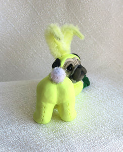 Yellow Easter bunny suit Pug hiding eggs Hand Sculpted Collectible