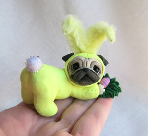 Yellow Easter bunny suit Pug hiding eggs Hand Sculpted Collectible