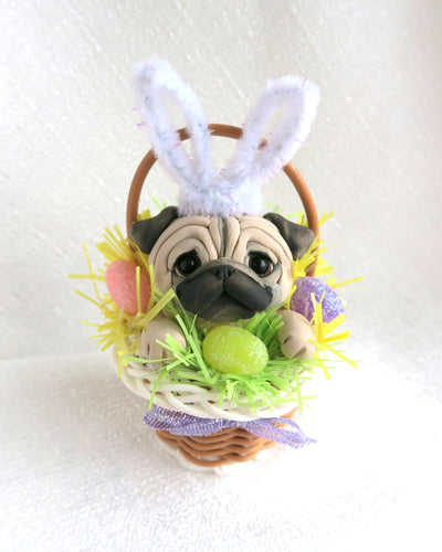 Easter Pug in basket Hand Sculpted Collectible