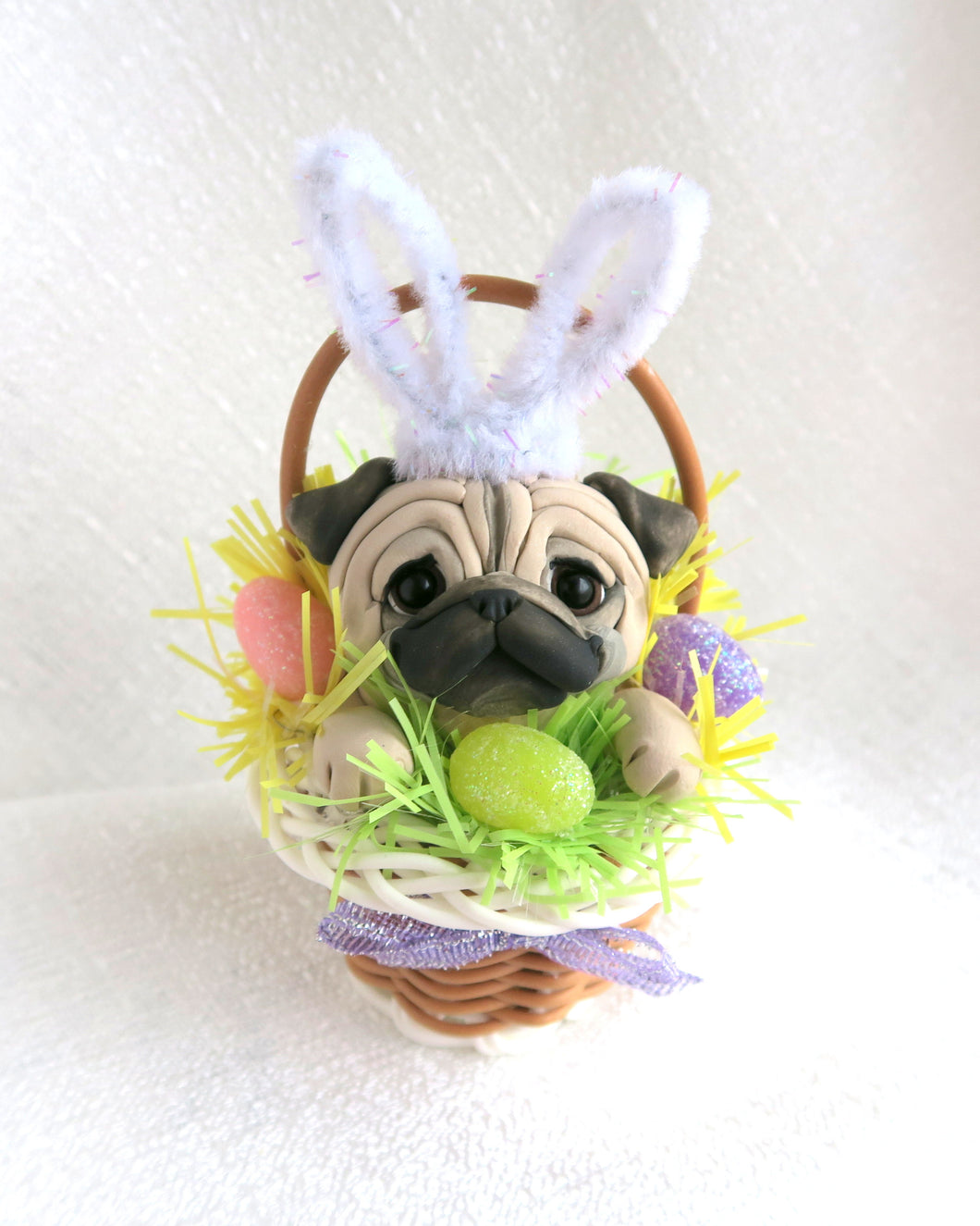 Easter Pug in basket Hand Sculpted Collectible