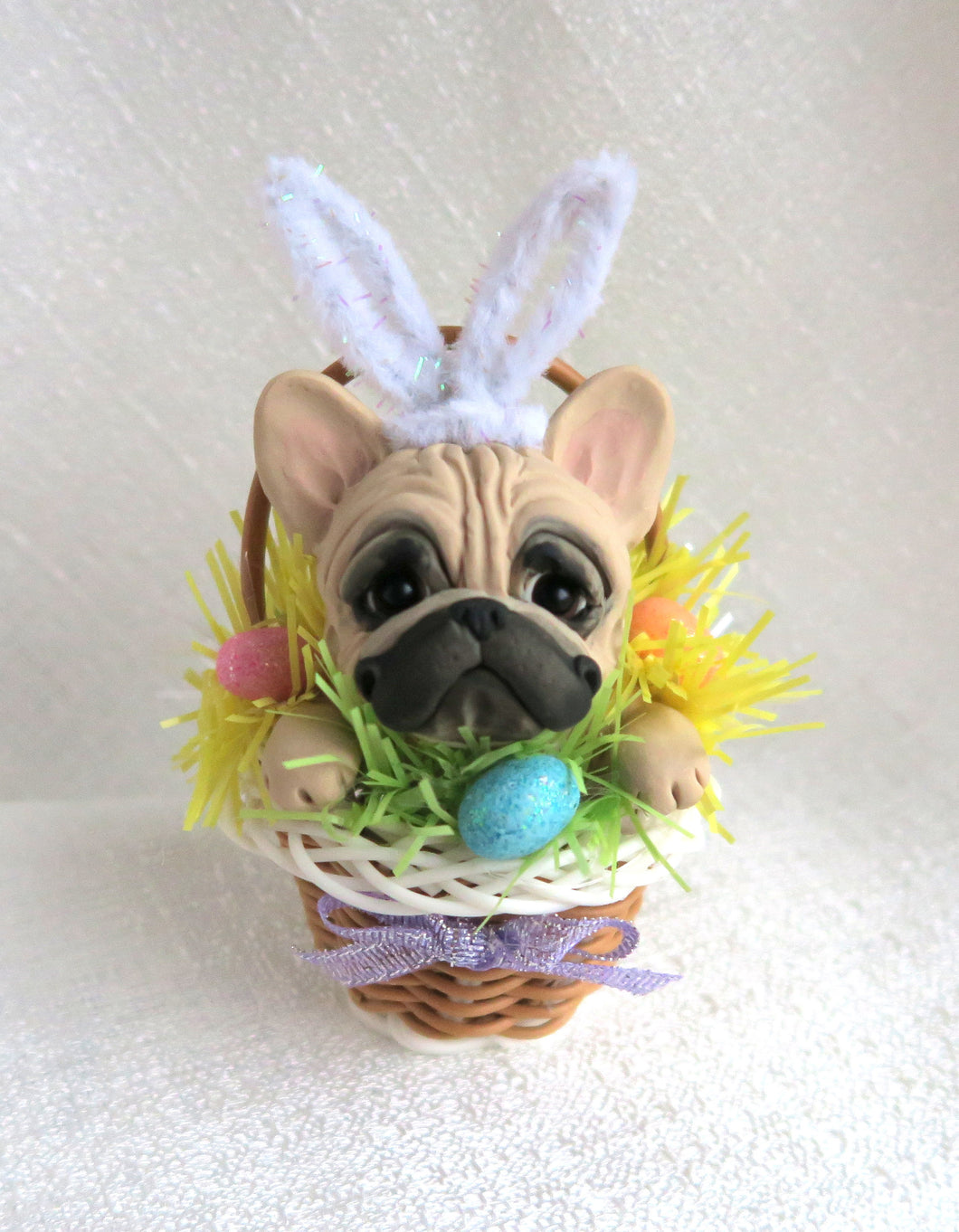 Easter French Bulldog in basket Hand Sculpted Collectible