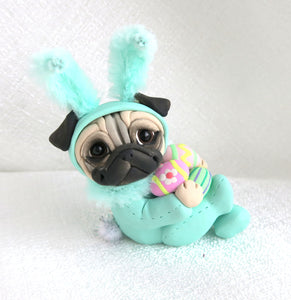 Light Turquoise Easter bunny suit Pug with Eggs Hand Sculpted Collectible