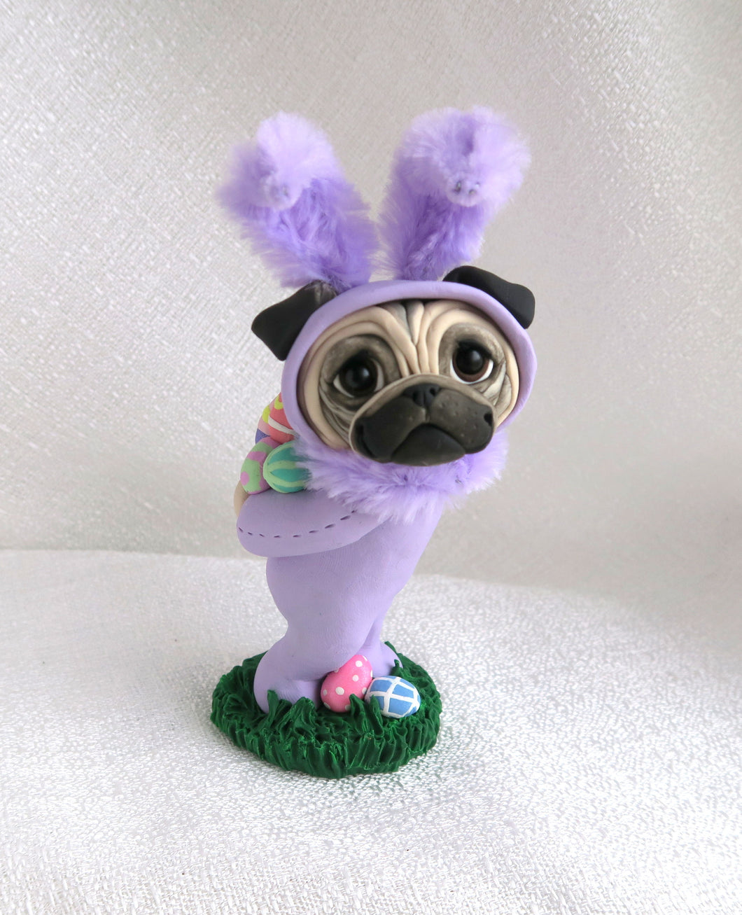 Purple Easter bunny suit Pug with Eggs Hand Sculpted Collectible