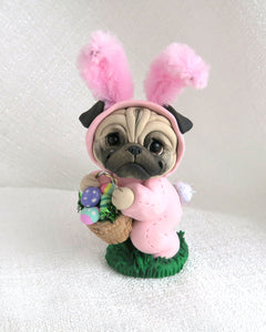 Pink Easter bunny suit Pug with Eggs Hand Sculpted Collectible