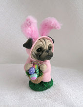 Load image into Gallery viewer, Pink Easter bunny suit Pug with Eggs Hand Sculpted Collectible