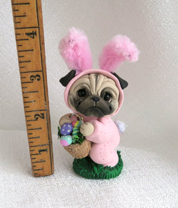 Pink Easter bunny suit Pug with Eggs Hand Sculpted Collectible
