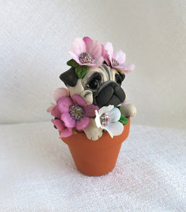 Flower Pot Pug Hand Sculpted Collectible