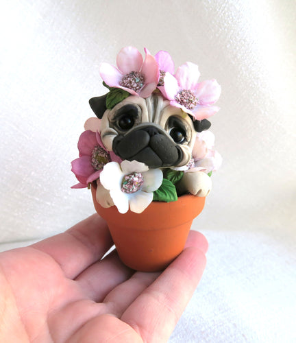 Flower Pot Pug Hand Sculpted Collectible