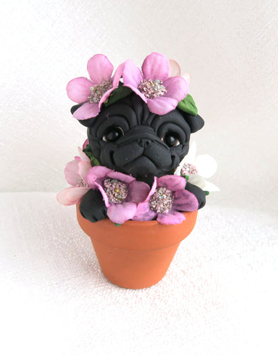 Flower Pot Black Pug Hand Sculpted Collectible