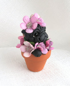 Flower Pot Black Pug Hand Sculpted Collectible