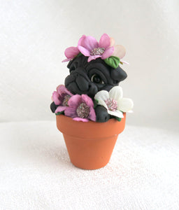 Flower Pot Black Pug Hand Sculpted Collectible