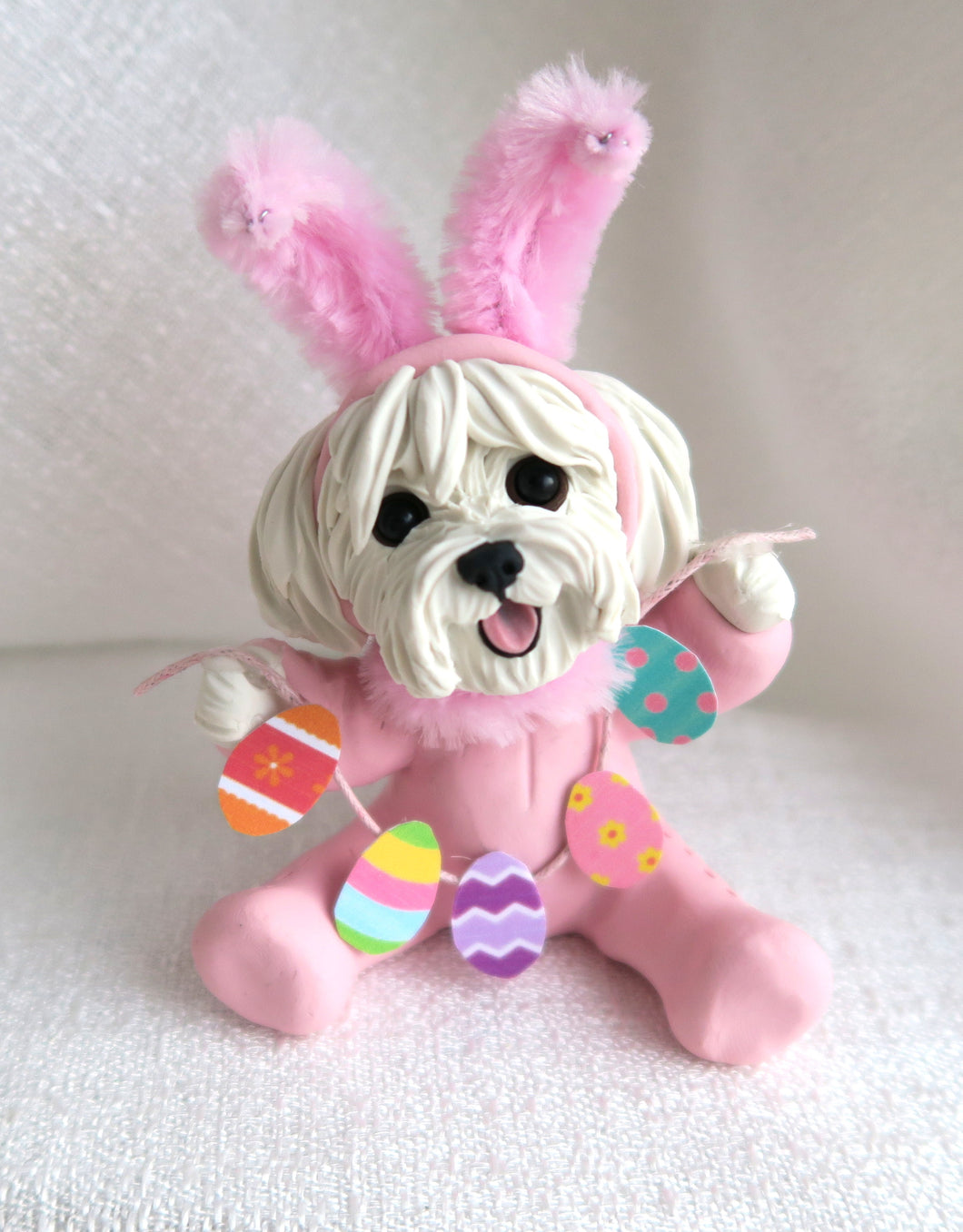 Pink Easter bunny suit Havanese or Coton de Tulear with Eggs Hand Sculpted Collectible