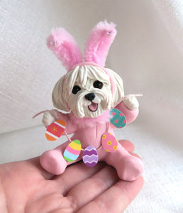 Pink Easter bunny suit Havanese or Coton de Tulear with Eggs Hand Sculpted Collectible