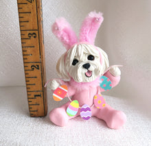 Load image into Gallery viewer, Pink Easter bunny suit Havanese or Coton de Tulear with Eggs Hand Sculpted Collectible