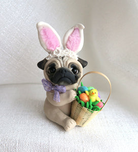 Easter bunny Ears Pug with Basket of Eggs Hand Sculpted Collectible
