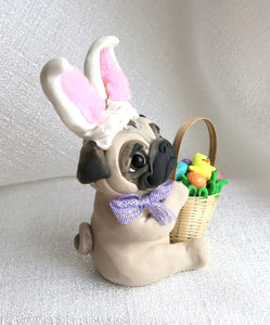 Easter bunny Ears Pug with Basket of Eggs Hand Sculpted Collectible