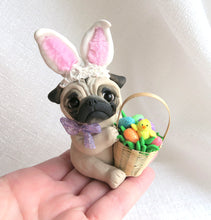 Load image into Gallery viewer, Easter bunny Ears Pug with Basket of Eggs Hand Sculpted Collectible