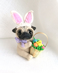 Easter bunny Ears Pug with Basket of Eggs Hand Sculpted Collectible