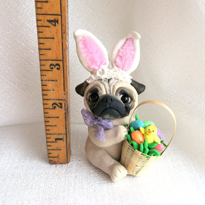 Easter bunny Ears Pug with Basket of Eggs Hand Sculpted Collectible