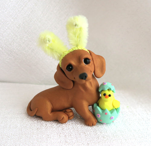Easter bunny Ears Dachshund with Chick in Egg Hand Sculpted Collectible