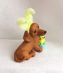 Easter bunny Ears Dachshund with Chick in Egg Hand Sculpted Collectible