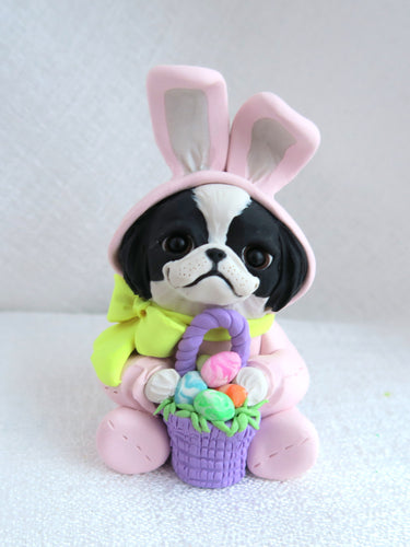Easter Japanese Chin in basket Hand Sculpted Collectible