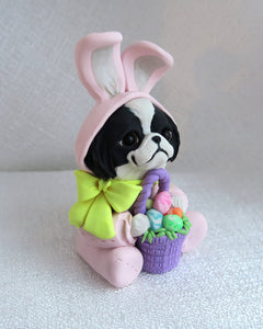 Easter Japanese Chin in basket Hand Sculpted Collectible