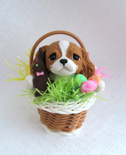 Easter Cavalier King Charles Spaniel in basket Hand Sculpted Collectible