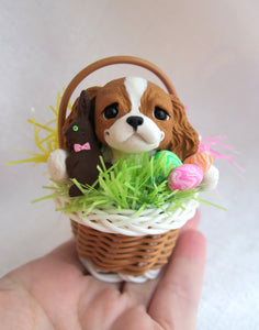 Easter Cavalier King Charles Spaniel in basket Hand Sculpted Collectible